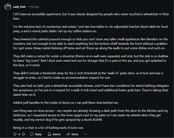 A post from r/wheelchairs from a wheelchair user giving dissatisfied honest feedback on the design of their “accessible” apartment.