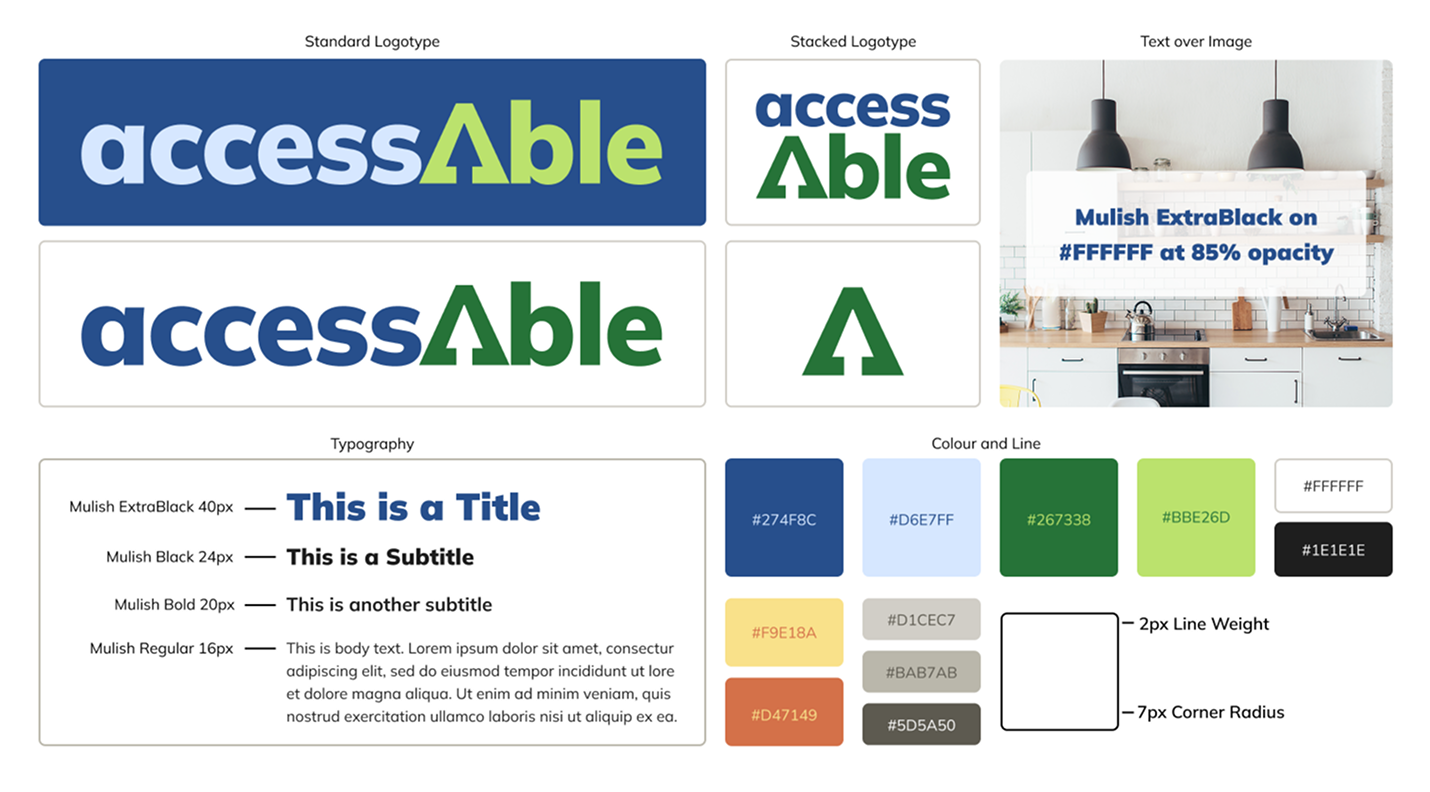 Simple branding guidelines showing the AccessAble logos, colours, type and line treatment.